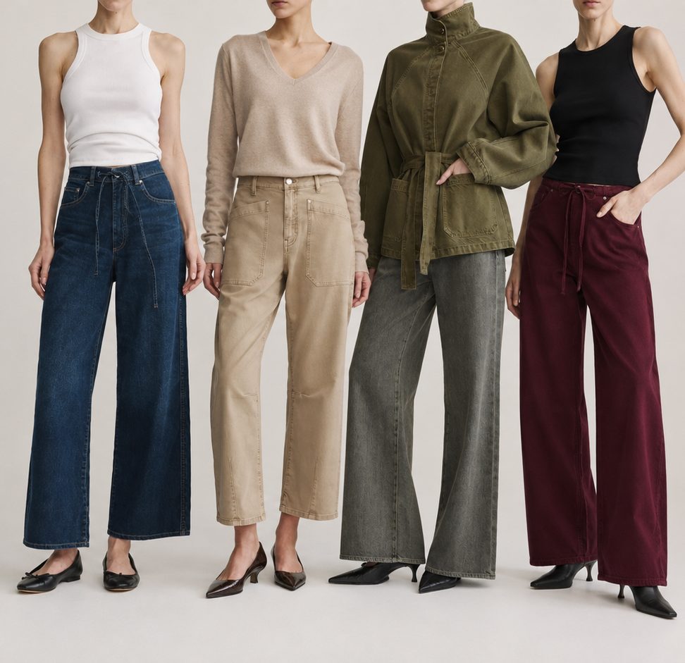Four wide leg denim and twill styles from a womens program